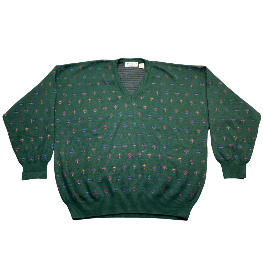 Vintage Brian MacNeil Mens 2X Green Wool Blend V-Neck Geometric Sweater Italy
